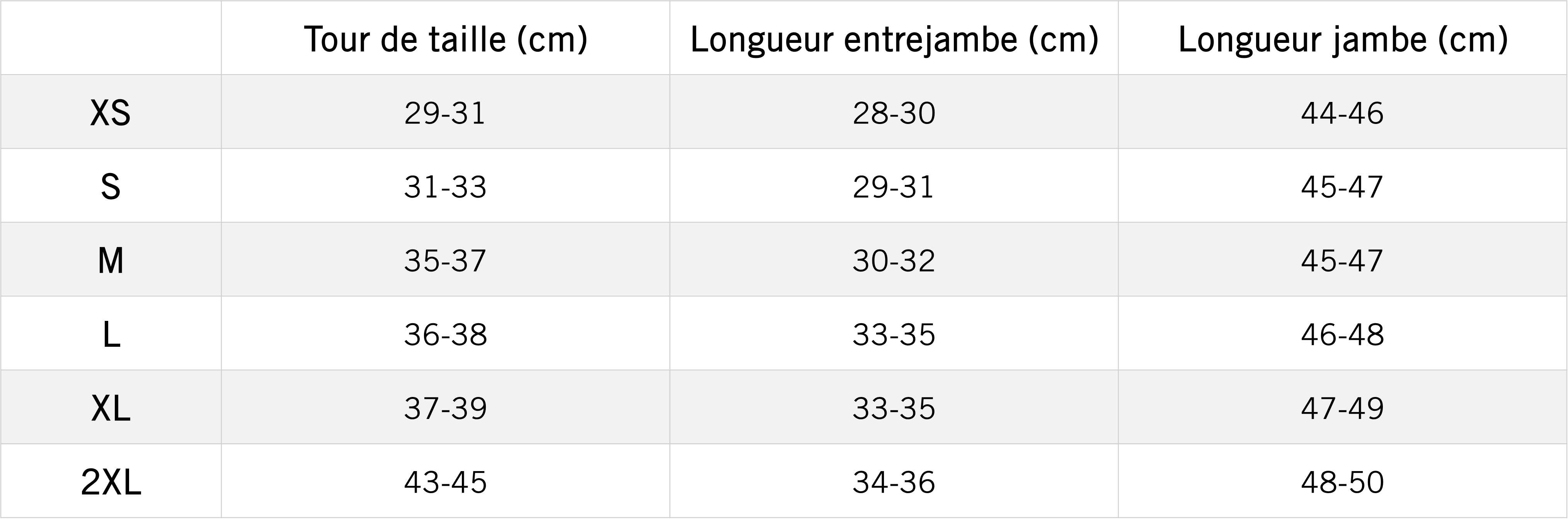 Tableau des mensurations du produit