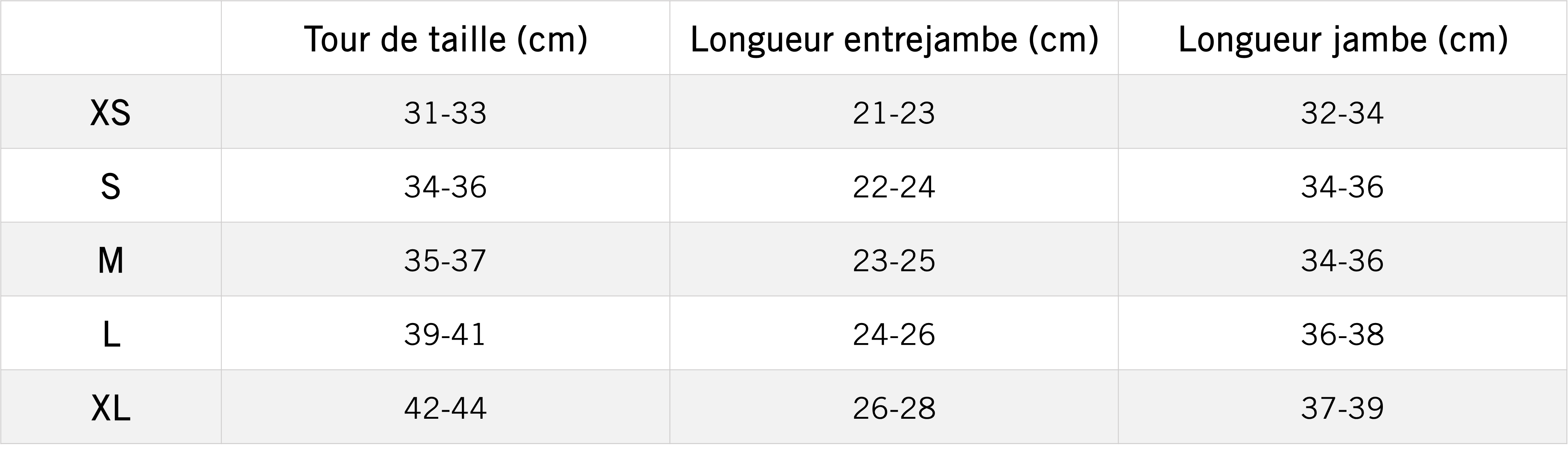 Tableau des mensurations du produit