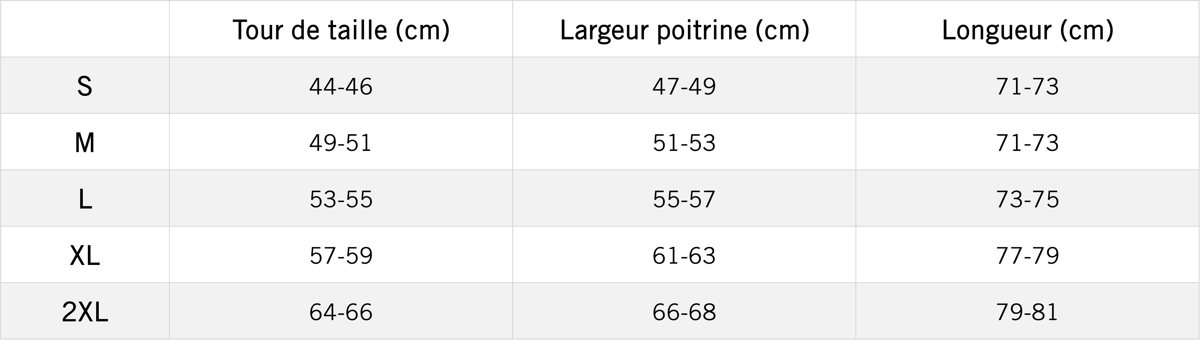 Tableau des mensurations du produit