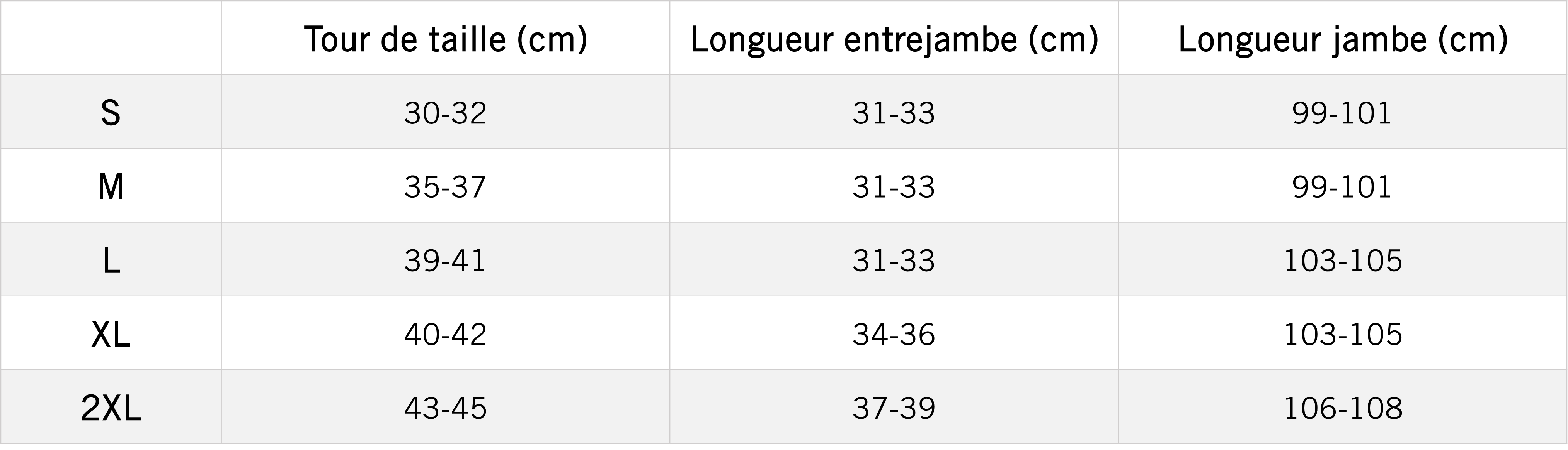 Tableau des mensurations du produit