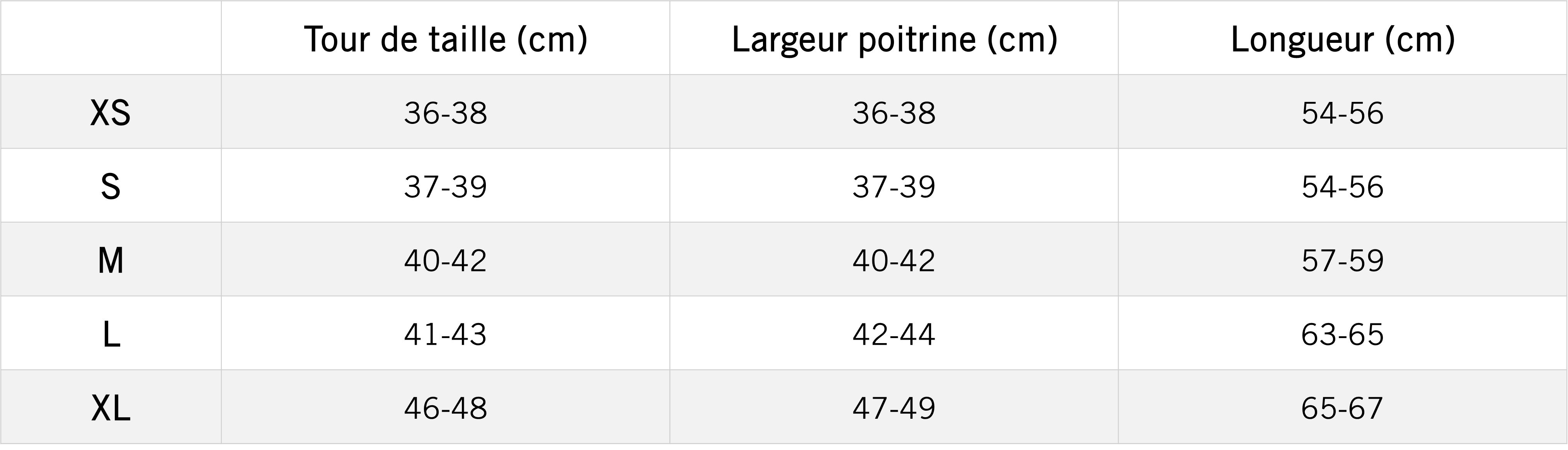 Tableau des mensurations du produit
