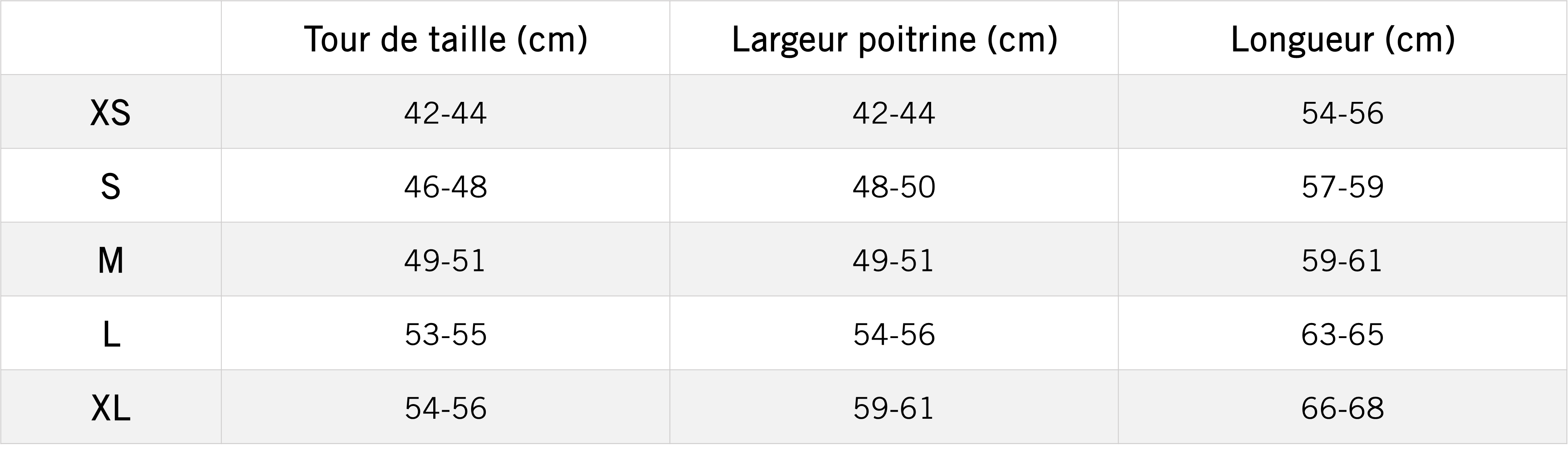 Tableau des mensurations du produit