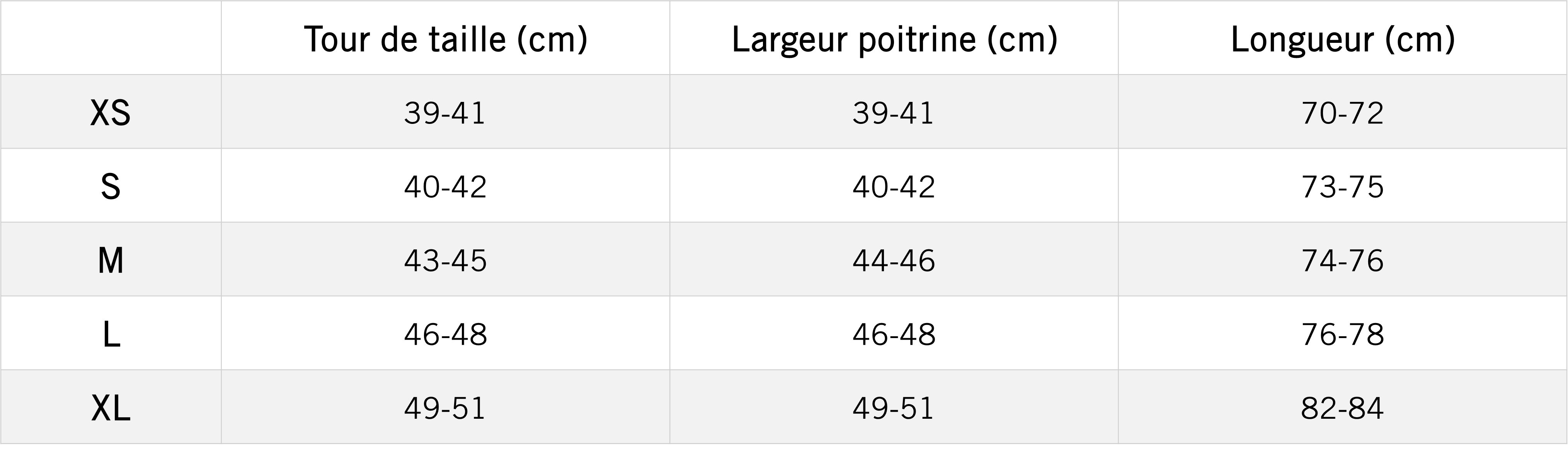 Tableau des mensurations du produit