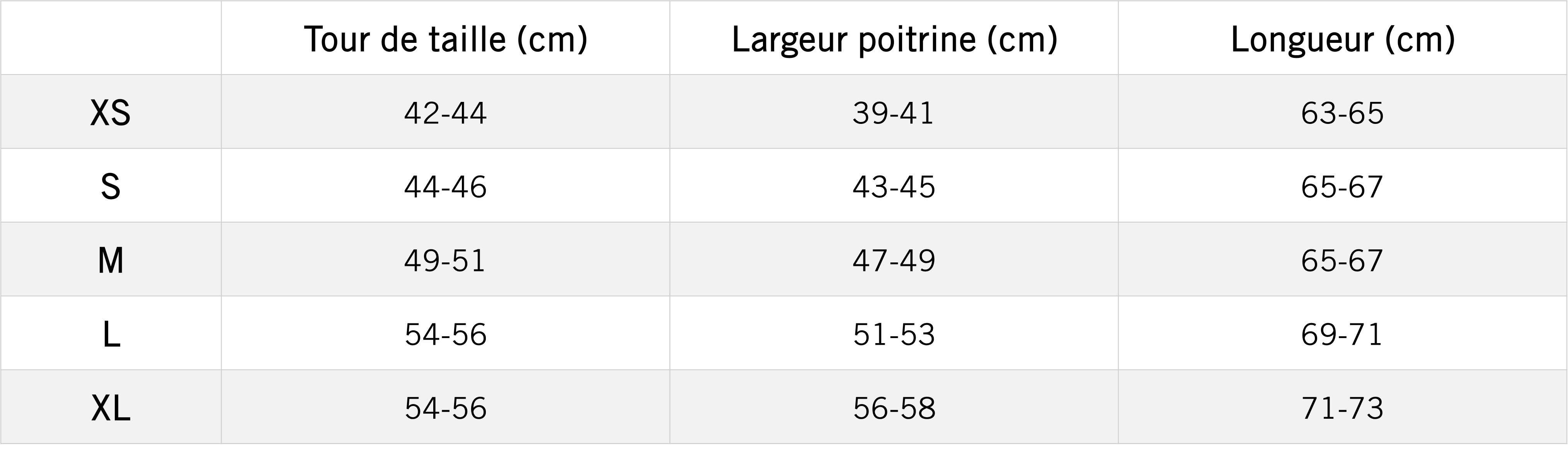 Tableau des mensurations du produit