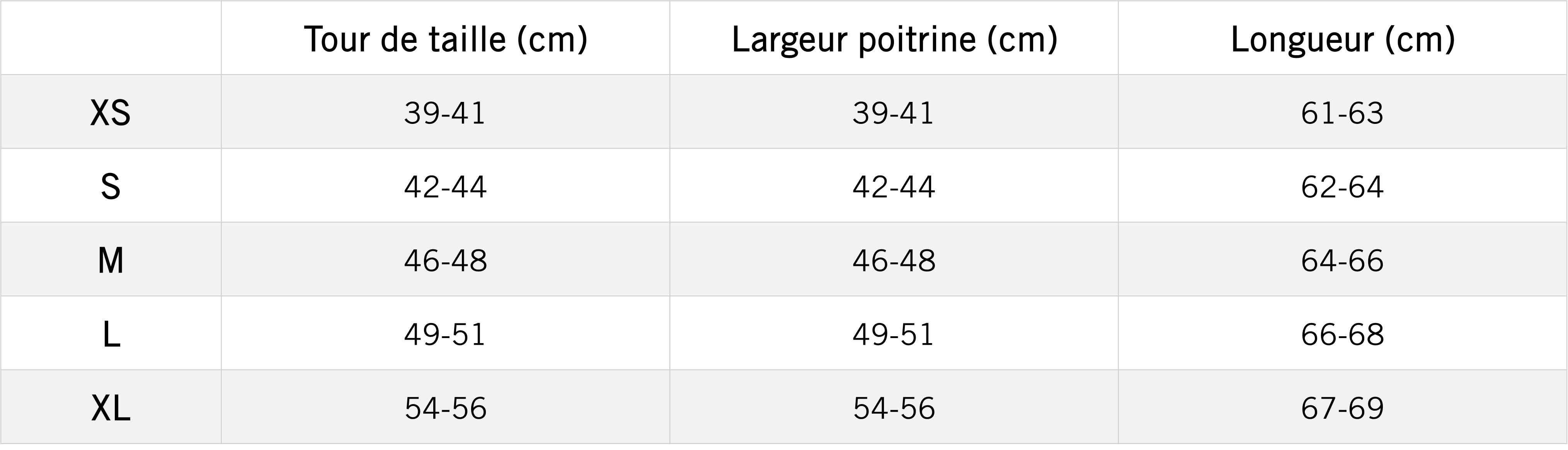 Tableau des mensurations du produit