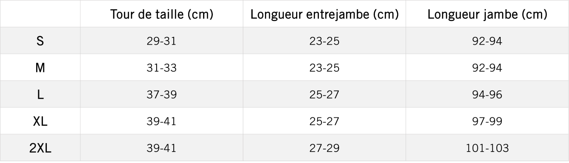 Tableau des mensurations du produit