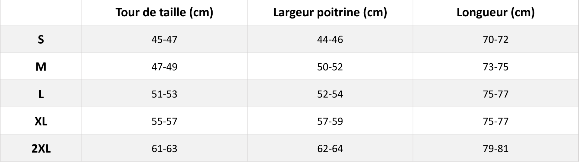 Tableau des mensurations du produit