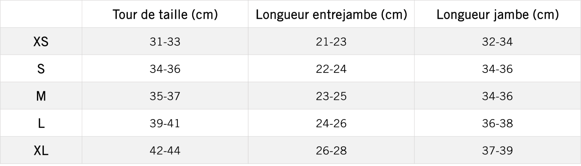 Tableau des mensurations du produit